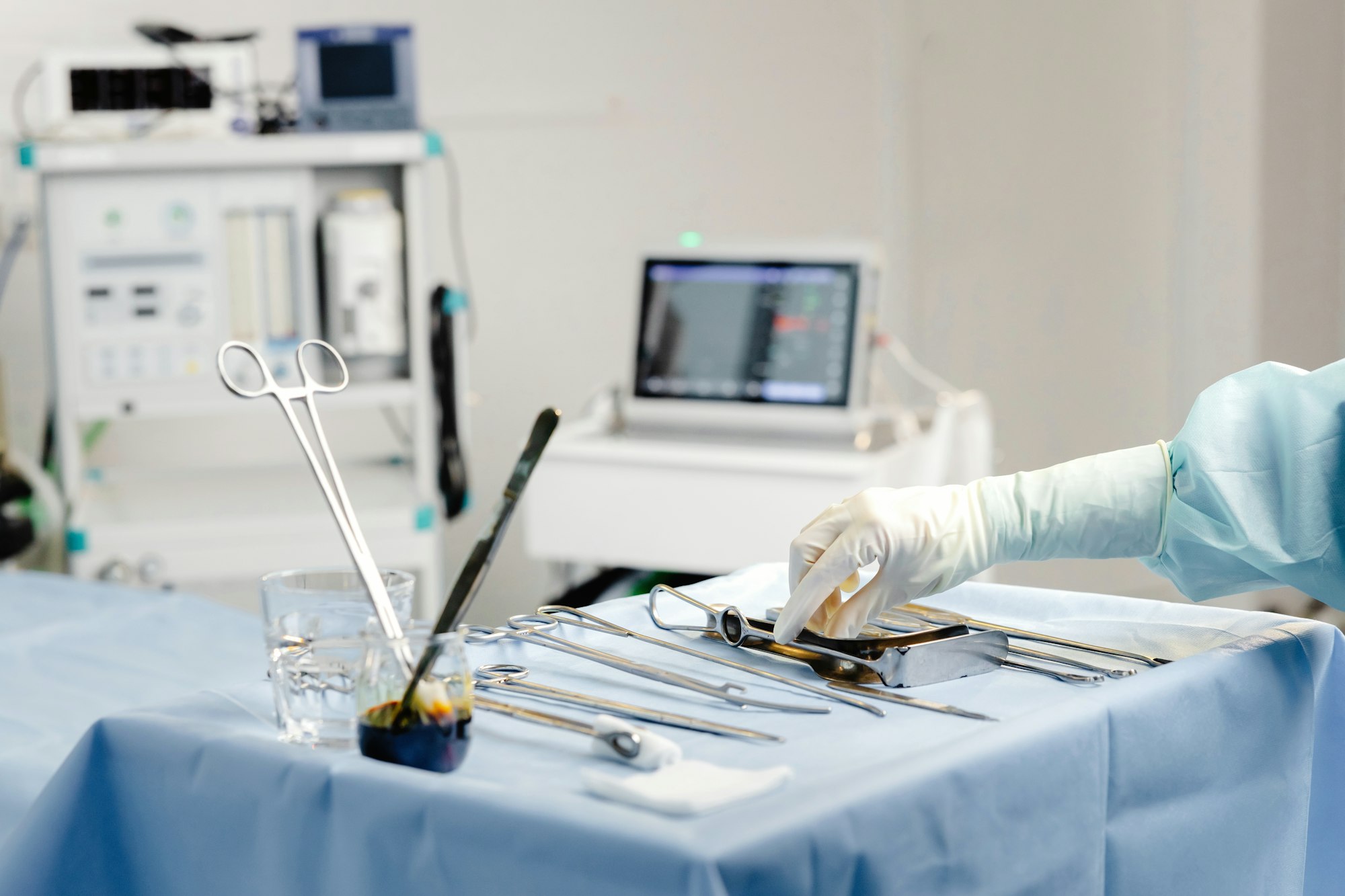 Medical instruments for surgery on table